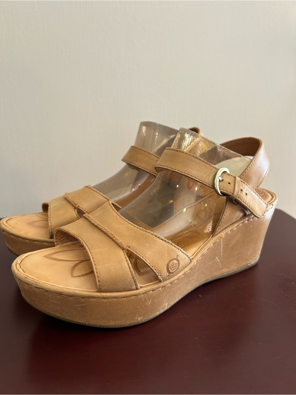 Born Women's Tan Strappy Leather Wedge with Buckle
